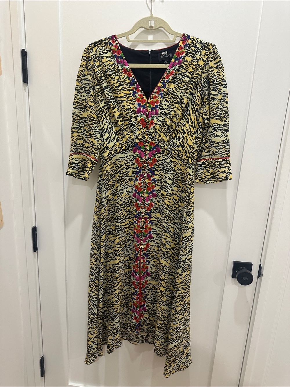 SALONI Yellow Animal-Print Midi Dress with Pink Floral Trim
